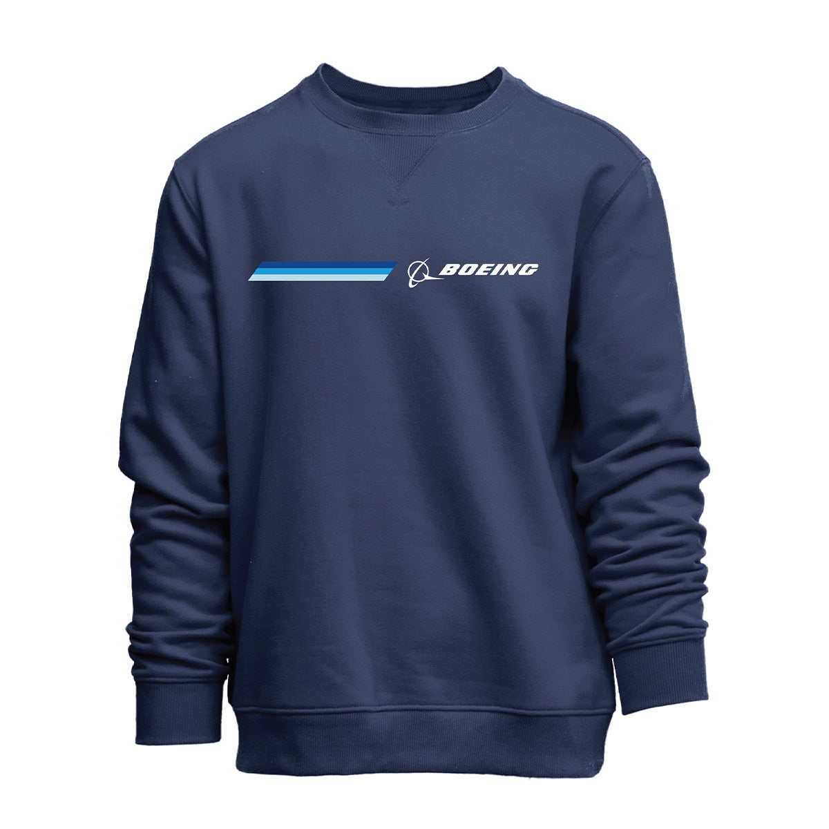 The BOEING Unisex Signature Striped Crewneck Sweatshirt features a navy blue design with a blue gradient stripe and Boeing logo centered on the front, plus ribbed cuffs and hem for classic style.