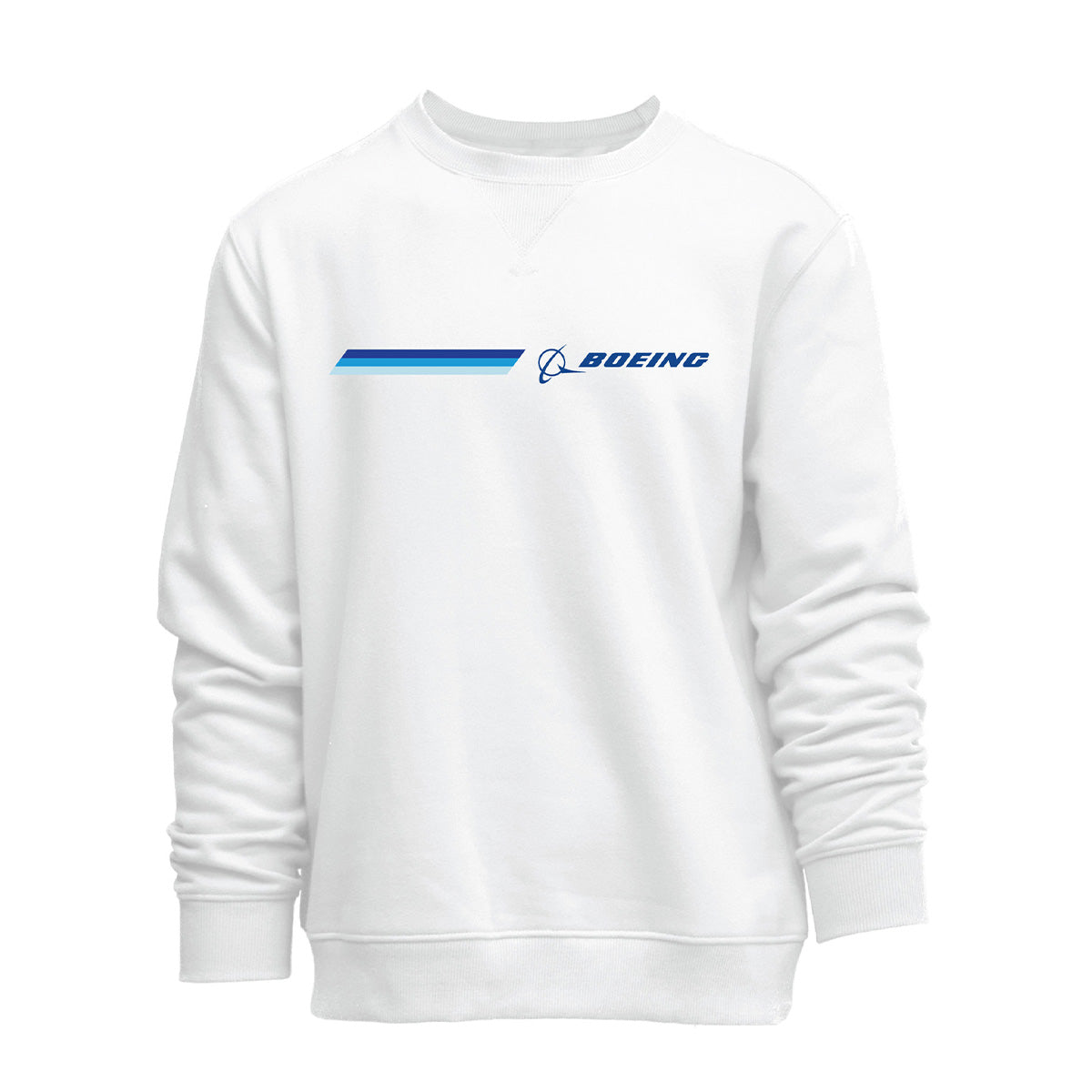 The Boeing Unisex Signature Striped Crewneck Sweatshirt by BOEING features a blue stylized Boeing logo and a blue striped graphic on the upper left chest.