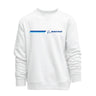 The Boeing Unisex Signature Logo Stripe Crewneck Sweatshirt by BOEING features a white design with a blue logo and horizontal stripe on the upper left chest, offering simple, versatile unisex style.