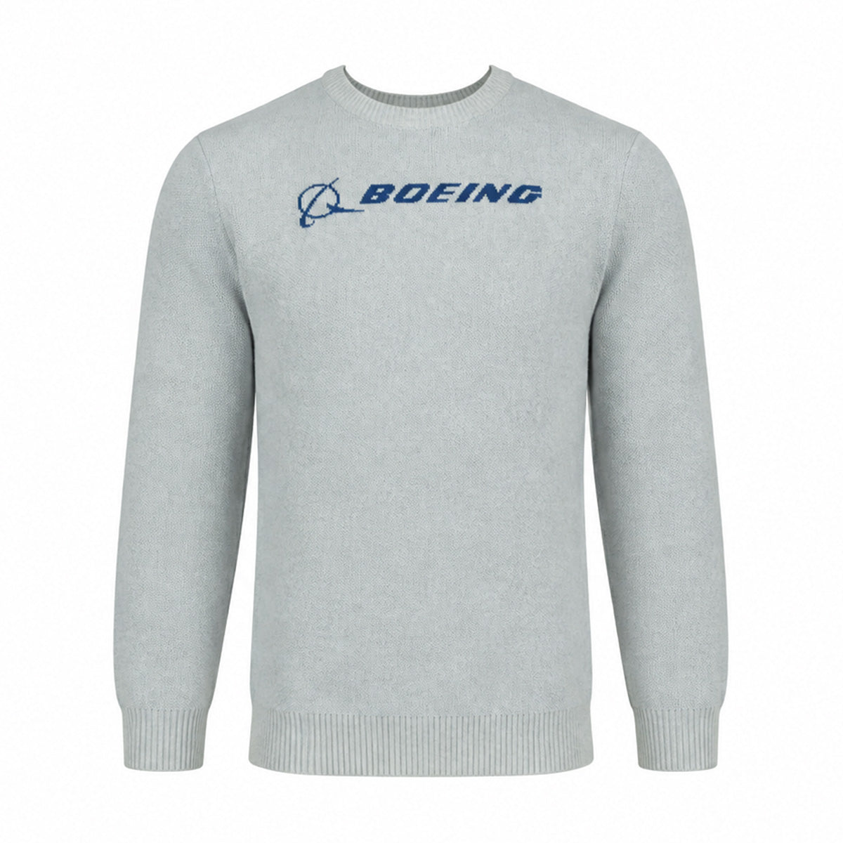 The Boeing Signature Unisex Andre Crewneck Sweatshirt by BOEING features a blue Boeing logo and text on the chest, shown in light gray on a plain white background.