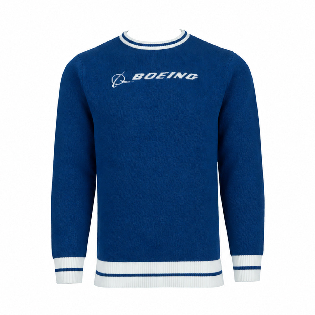 The Boeing Signature Unisex Andre Crewneck Sweatshirt features a blue quilted design with white trim and displays the BOEING name and logo in white on the chest for a premium look.