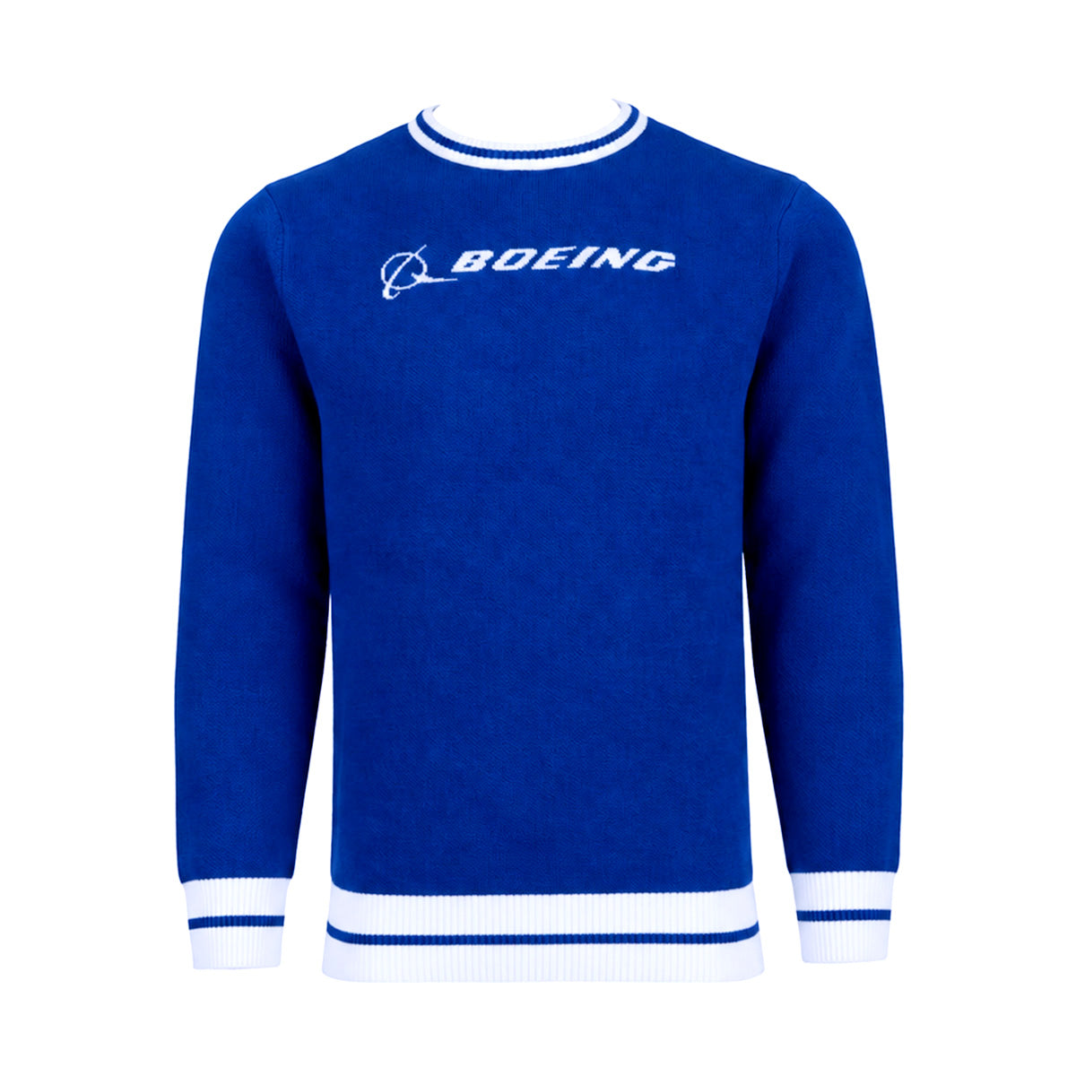 The Boeing Signature Unisex Andre Crewneck Sweatshirt by BOEING is a blue quilted sweatshirt with white cuffs, collar, and hem, plus the Boeing logo and text in white across the chest.