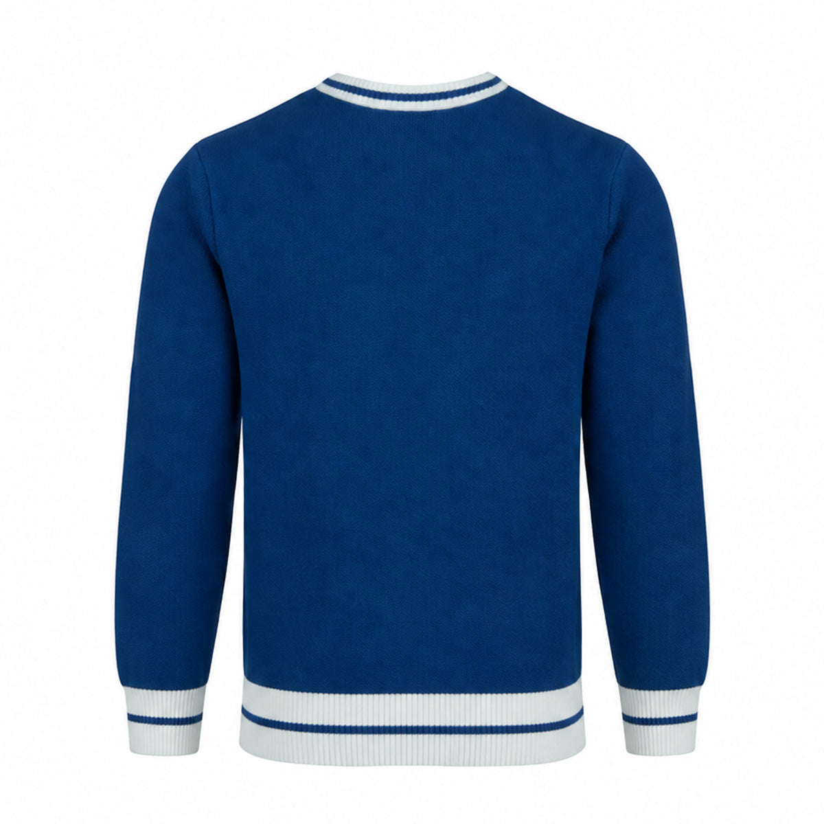 The Boeing Signature Unisex Andre Crewneck Sweatshirt by BOEING features blue quilted fabric and white ribbed trim for a distinctive, premium look—shown from the back.