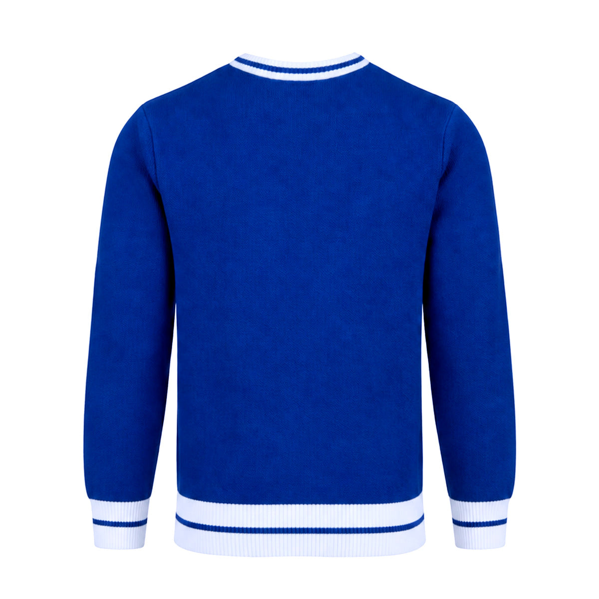 The Boeing Signature Unisex Andre Crewneck Sweatshirt by BOEING is royal blue with quilted fabric, white ribbed cuffs, hem, and collar accented by two thin blue stripes. Shown from the back with a classic look.