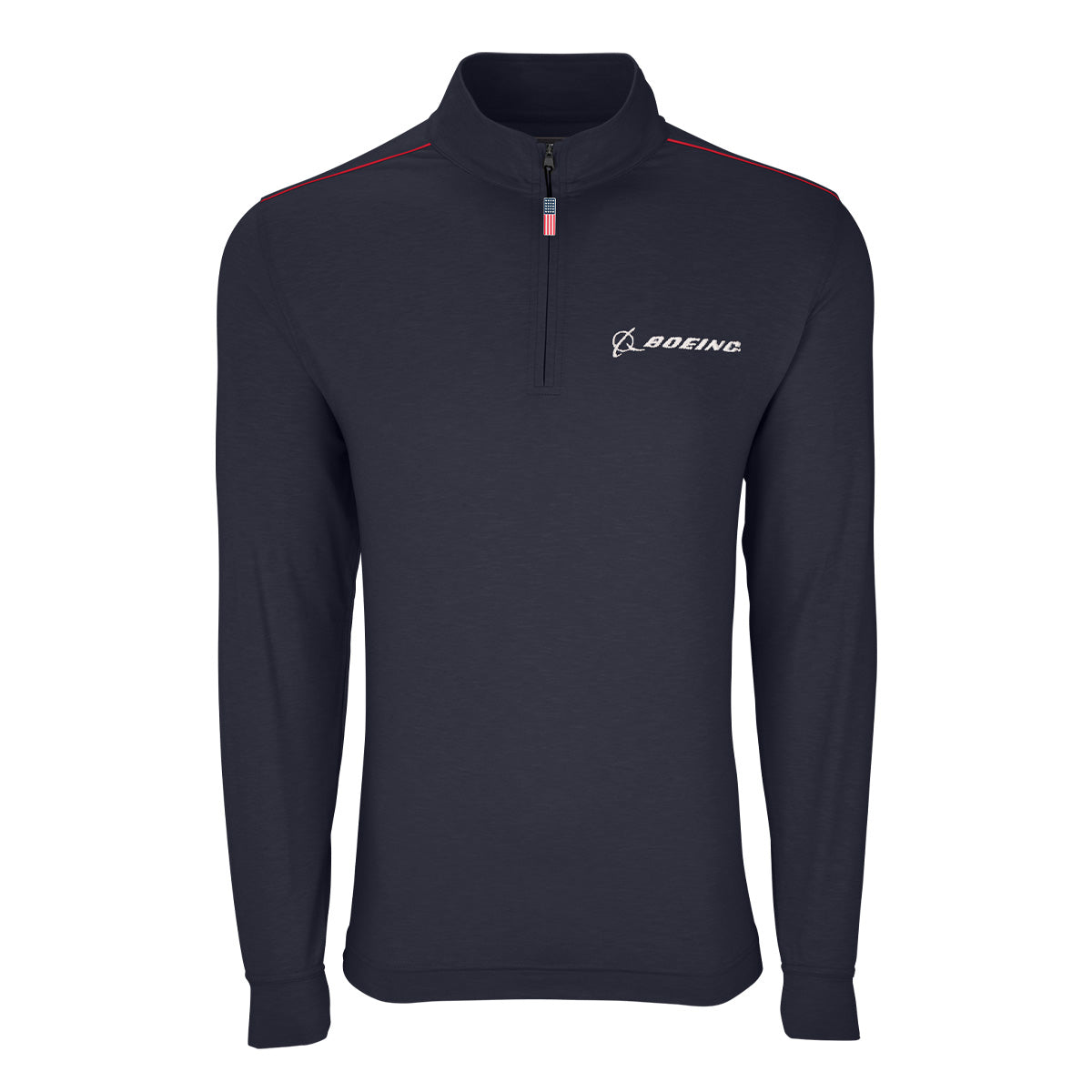 Showcase your style and comfort with the Boeing Americana Men’s Quarter-Zip by BOEING. This navy blue, long-sleeve pullover features a small white Boeing logo on the left chest, striking red accents along the shoulders and zipper, and is made from moisture-wicking fabric to keep you comfortable all day.