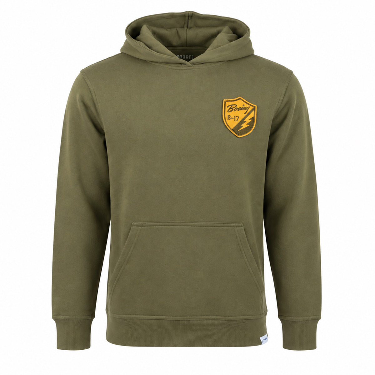 The Boeing Heritage B-17 Flying Fortress Unisex Hoodie by BOEING features an olive aviation graphic, front pocket, and yellow shield patch—ideal for fans of classic Boeing heritage style.