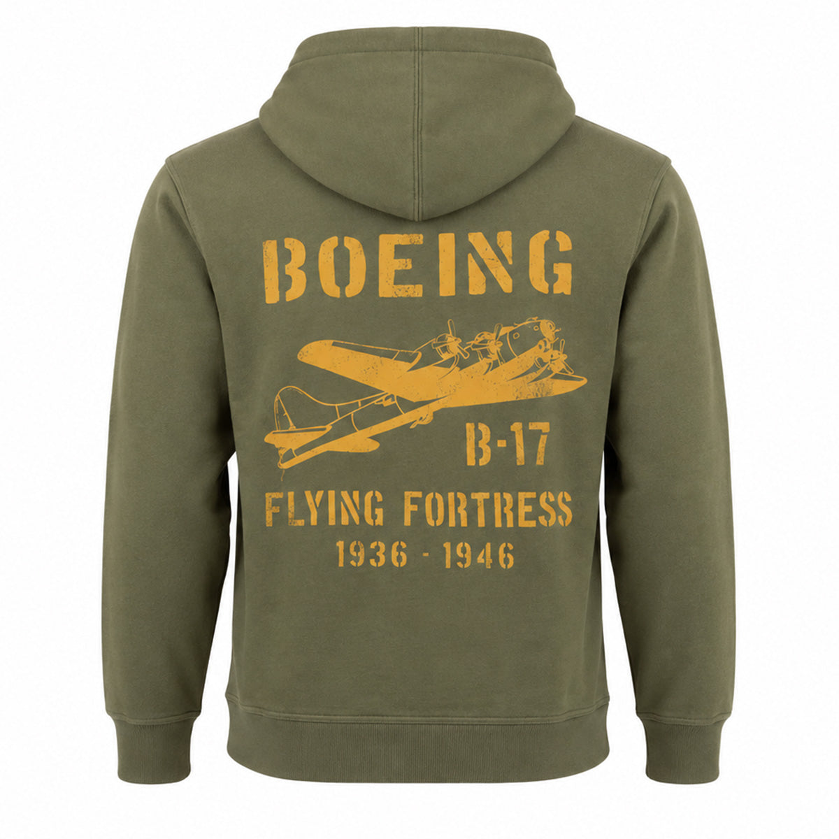 The Boeing Heritage B-17 Flying Fortress Unisex Hoodie by BOEING features an olive green design with bold yellow aviation text and a detailed B-17 graphic celebrating Boeing’s heritage on the back.
