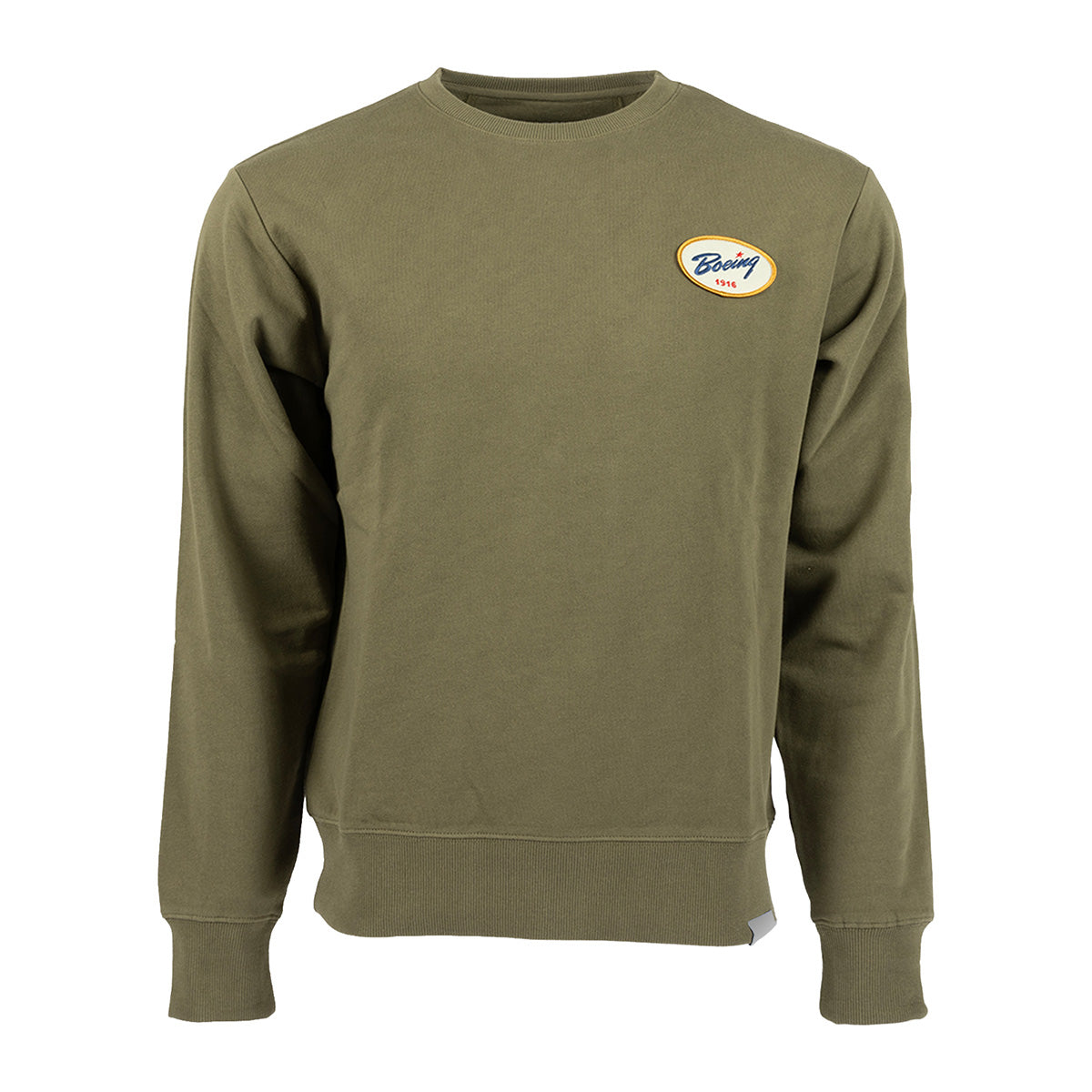 Olive green Boeing Heritage Airplane Company Unisex Crewneck Sweatshirt by BOEING in soft French terry with long sleeves and a small oval Boeing 1916 patch on the chest, shown on a white background.