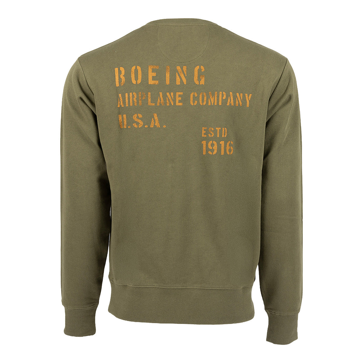 The Boeing Heritage Airplane Company Unisex Crewneck Sweatshirt by BOEING is olive green French terry with yellow stencil text on the back: BOEING AIRPLANE COMPANY U.S.A. ESTD 1916.