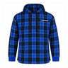 The Boeing 2026 Jet Snowflake Unisex Flannel Hoodie by BOEING features a blue and black tartan plaid pattern with black drawstrings and a white Boeing logo on the left chest. This cozy loungewear piece has long sleeves, and a front pocket is not visible.
