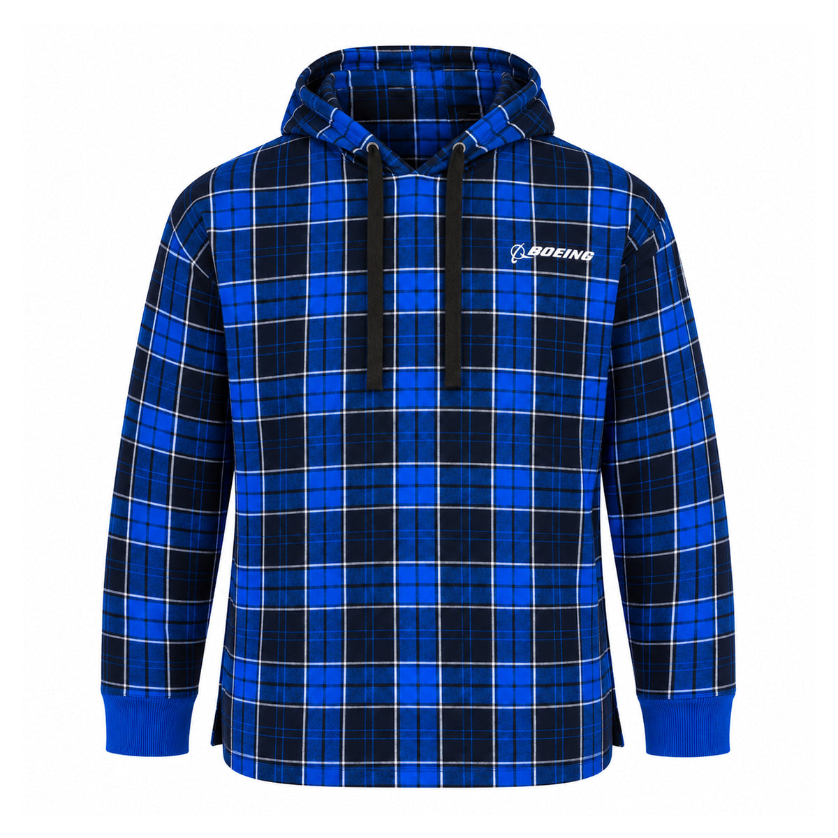 The Boeing 2026 Jet Snowflake Unisex Flannel Hoodie by BOEING features a blue and black tartan plaid pattern with black drawstrings and a white Boeing logo on the left chest. This cozy loungewear piece has long sleeves, and a front pocket is not visible.