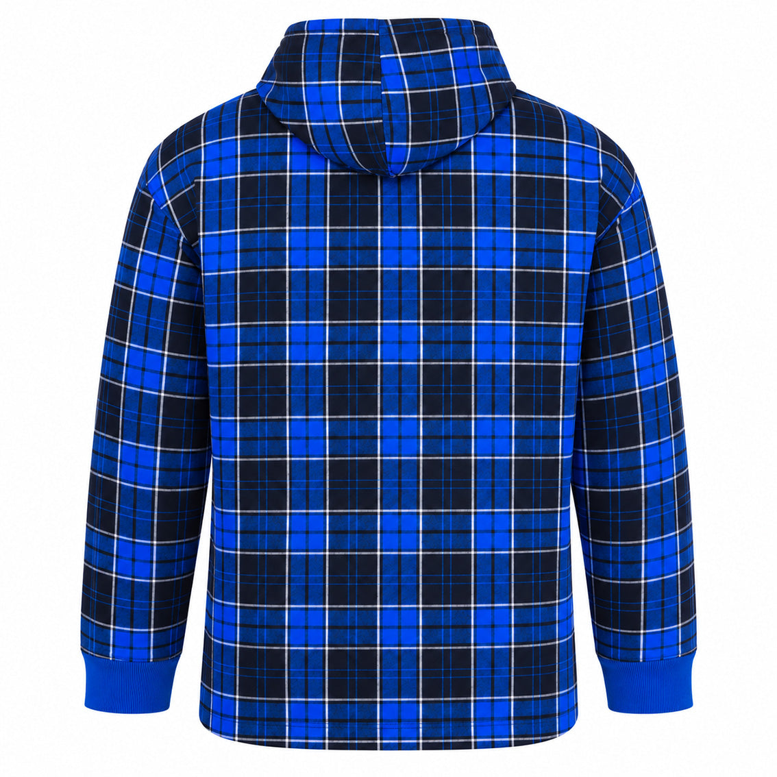 A back view of the Boeing 2026 Jet Snowflake Unisex Flannel Hoodie by BOEING is shown, featuring a blue and black tartan plaid pattern, long sleeves, a relaxed fit, and cozy flannel loungewear comfort.
