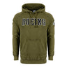 Introducing the Boeing P-51 Mustang Unisex Stencil Hoodie by BOEING: an olive green hoodie featuring bold black and white BOEING lettering across the chest, a roomy front pocket, adjustable hood, and a subtle patch on the left sleeve—ideal aviation apparel for enthusiasts who admire legendary aircraft like the P-51 Mustang.