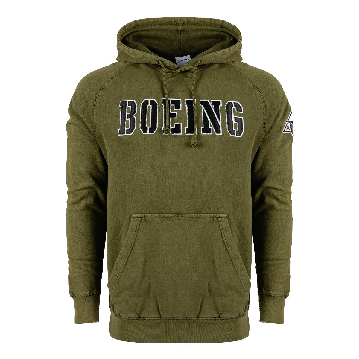 Introducing the Boeing P-51 Mustang Unisex Stencil Hoodie by BOEING: an olive green hoodie featuring bold black and white BOEING lettering across the chest, a roomy front pocket, adjustable hood, and a subtle patch on the left sleeve—ideal aviation apparel for enthusiasts who admire legendary aircraft like the P-51 Mustang.