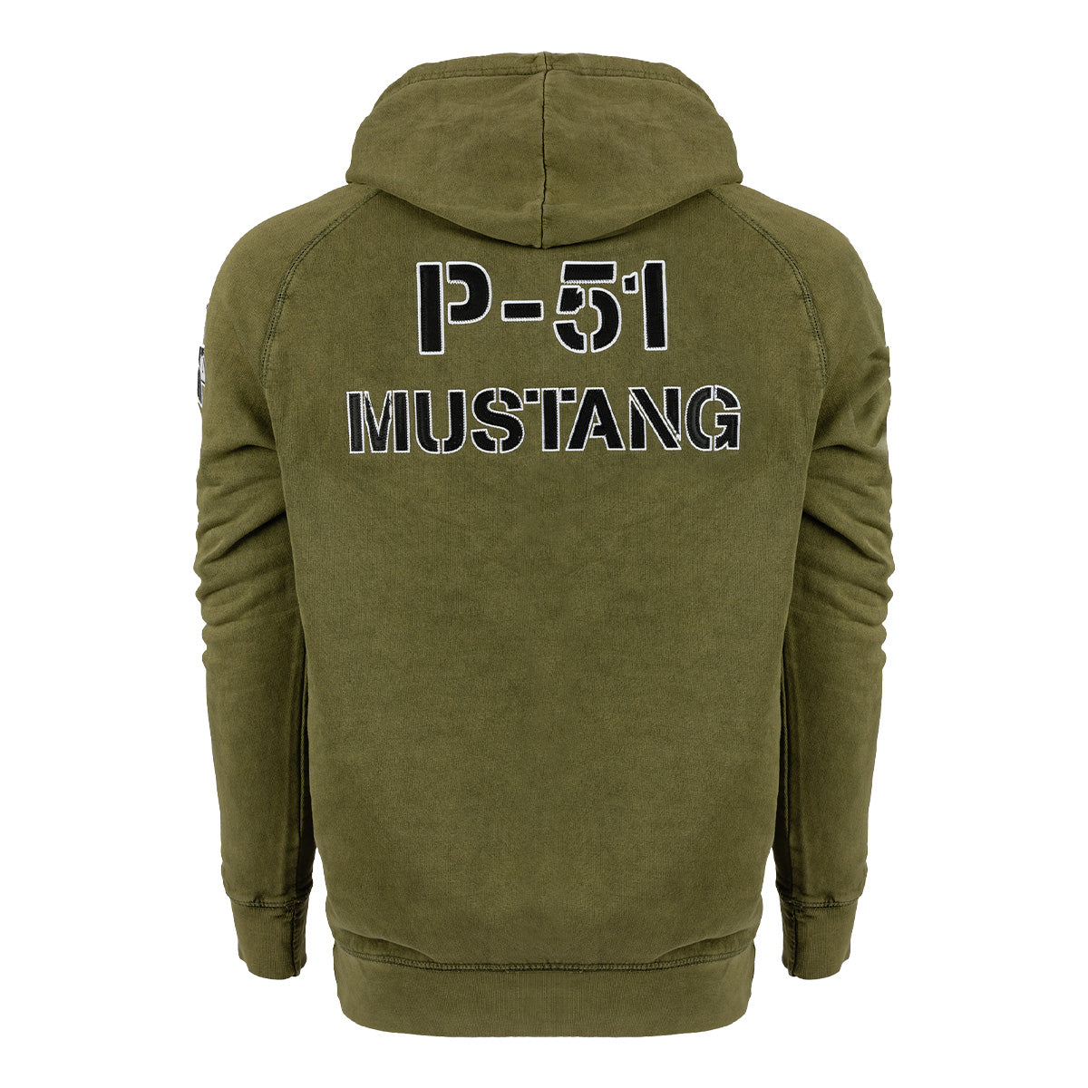 Olive green Boeing P-51 Mustang Unisex Stencil Hoodie shown from the back, showcasing bold black and white "P-51 MUSTANG" stencil lettering across the upper back—a standout piece of aviation apparel from BOEING for classic warbird enthusiasts.