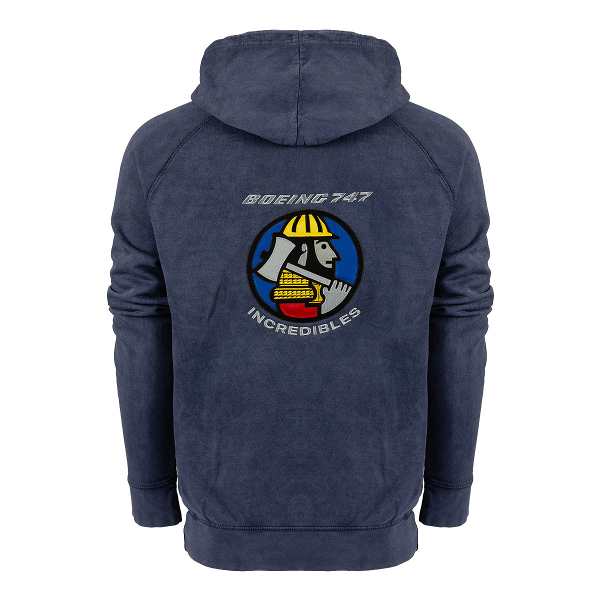 BOEING Boeing 747 Incredibles Unisex Hoodie in navy, shown from the back, featuring a “Boeing 747 Incredibles” graphic with a cartoon figure wearing a helmet and vest inside a circle.