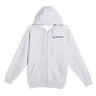 The Boeing Unisex Premium Full-Zip Hoodie by BOEING features light gray soft fleece, a relaxed fit, zip-up front, front pockets, adjustable drawstring hood, and a blue Boeing logo on the left chest. Displayed flat on a white background.