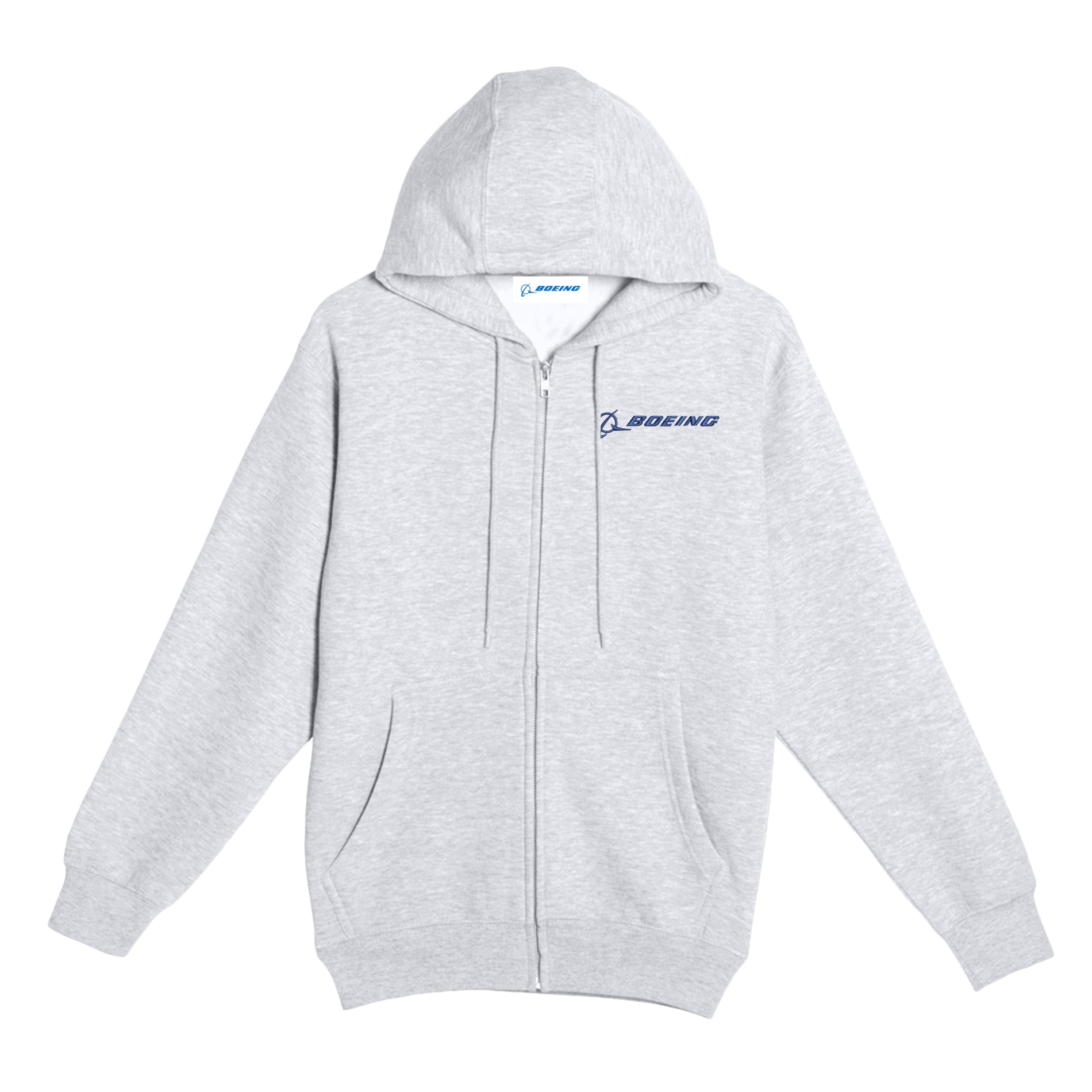The Boeing Unisex Premium Full-Zip Hoodie by BOEING features light gray soft fleece, a relaxed fit, zip-up front, front pockets, adjustable drawstring hood, and a blue Boeing logo on the left chest. Displayed flat on a white background.