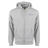 The Boeing Signature Logo Unisex Premium Full-Zip Hoodie by BOEING is a light grey, long-sleeved hooded sweatshirt featuring a drawstring hood and two front pockets. This relaxed fit hoodie showcases a small, blue embroidered Boeing logo on the upper left chest. Made from soft fleece fabric, the garment is displayed against a plain white background.
