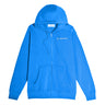 The Boeing Unisex Premium Full-Zip Hoodie by BOEING features a bright blue color, hood, front pockets, matching drawstring, soft fleece for comfort, relaxed fit, and a small white Boeing logo on the left chest.