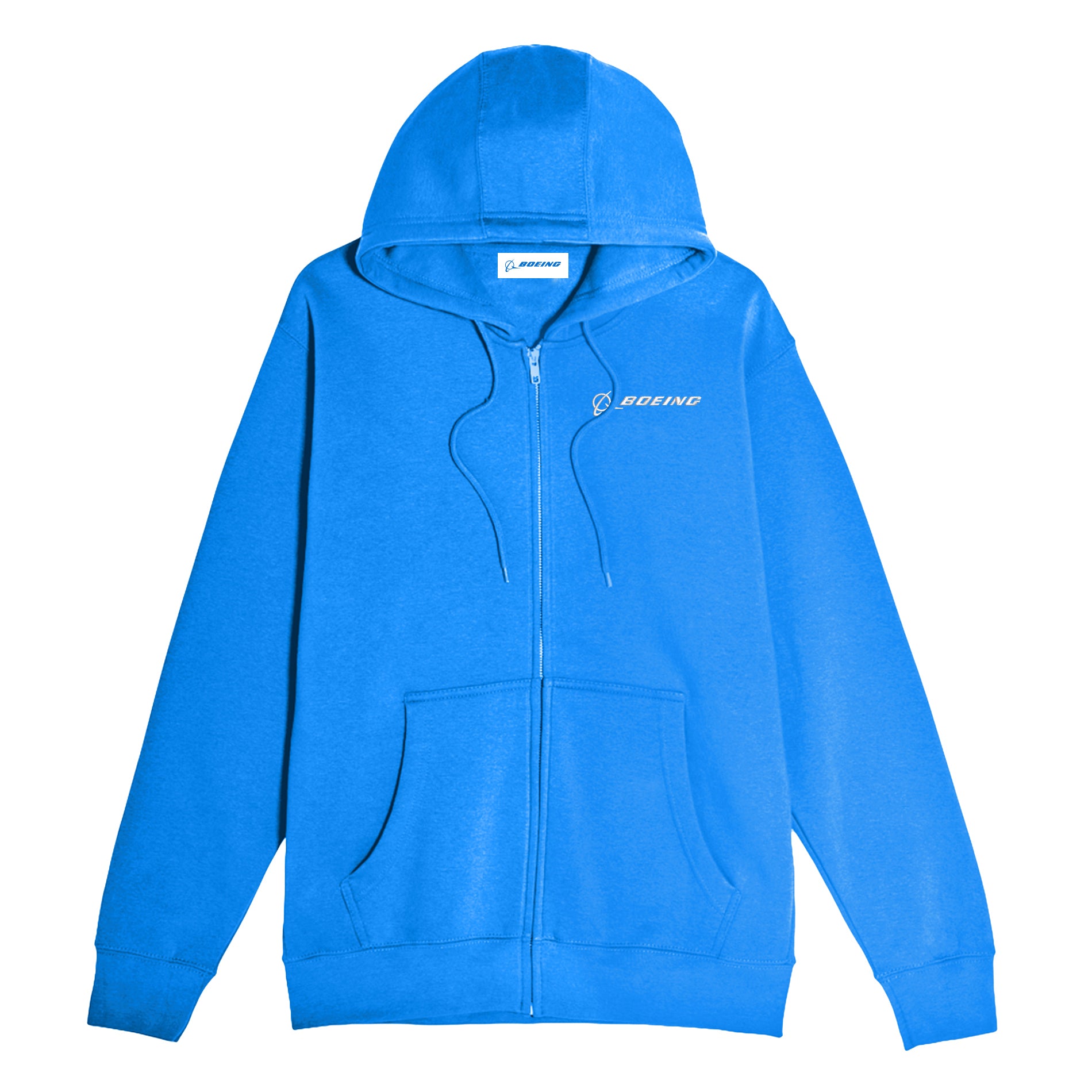 The Boeing Unisex Premium Full-Zip Hoodie by BOEING features a bright blue color, hood, front pockets, matching drawstring, soft fleece for comfort, relaxed fit, and a small white Boeing logo on the left chest.