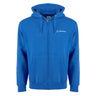Introducing the Boeing Signature Logo Unisex Premium Full-Zip Hoodie by BOEING, featuring a bright blue color, relaxed fit, front pockets, adjustable hood with drawstrings, and the signature Boeing logo in white on the left chest. Made from soft fleece for ultimate comfort, this premium hoodie is showcased against a plain white background.