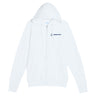 The Boeing Unisex Premium Full-Zip Hoodie by BOEING features a classic white design, front pocket, hood, and navy blue Boeing logo on the left chest. Made from soft fleece for comfort and style in everyday wear.
