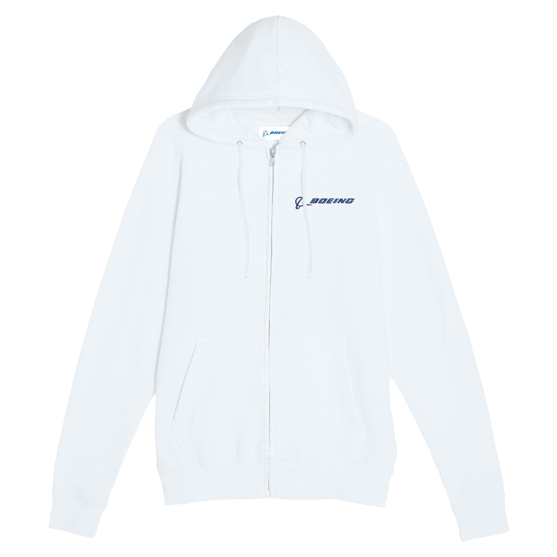 The Boeing Unisex Premium Full-Zip Hoodie by BOEING features a classic white design, front pocket, hood, and navy blue Boeing logo on the left chest. Made from soft fleece for comfort and style in everyday wear.