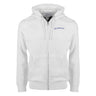 The Boeing Signature Logo Unisex Premium Full-Zip Hoodie by BOEING is a relaxed fit, white zip-up hoodie crafted from soft fleece material. It features convenient front pockets, a drawstring hood for enhanced comfort and style, and a small blue Boeing logo on the upper left chest.