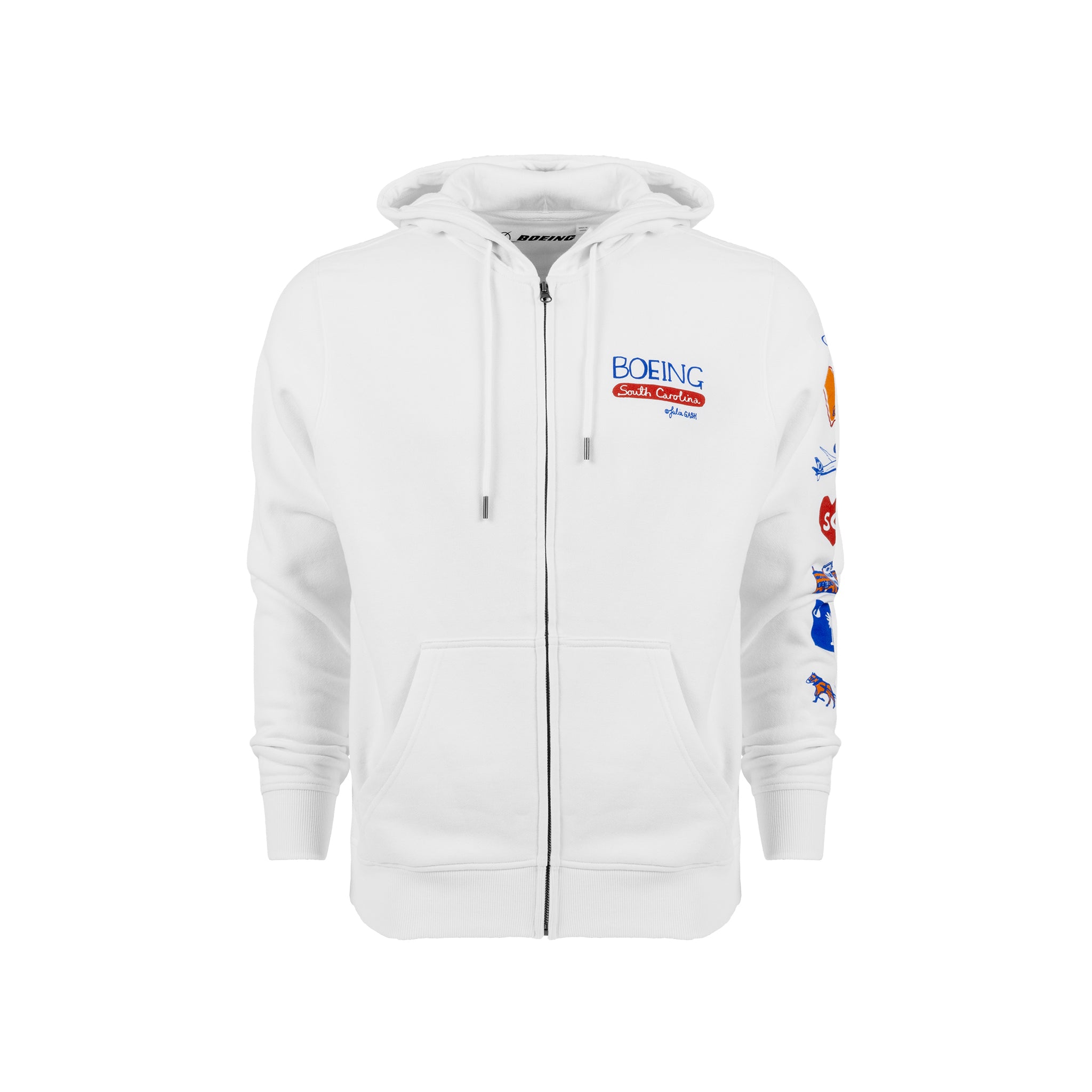 The Boeing South Carolina Destination Unisex Full-Zip Hoodie by BOEING features a custom Julia Gash design and showcases both Boeing and South Carolina logos on the left chest. The right sleeve is decorated with vibrant patches and graphics, while drawstrings and front pockets add comfort and style to this cotton-polyester zip-up hoodie.