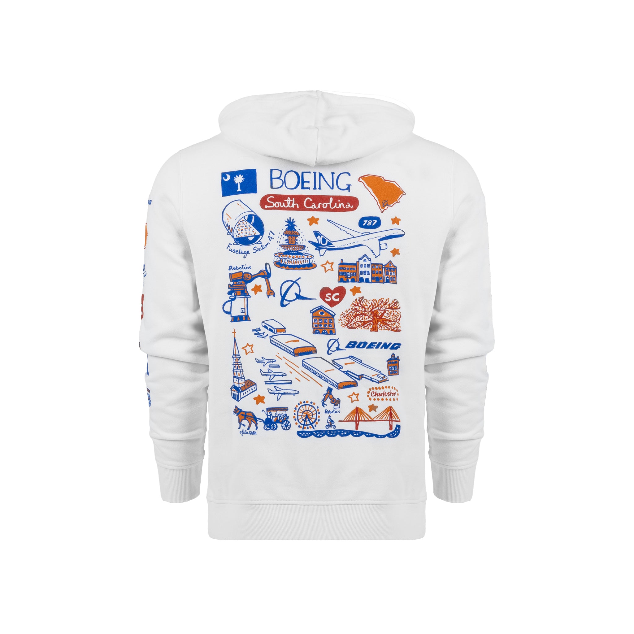Introducing the Boeing South Carolina Destination Unisex Full-Zip Hoodie by BOEING—a white cotton-polyester hoodie adorned with a custom Julia Gash design. Featuring vibrant blue, orange, and red illustrations of South Carolina icons, Boeing airplanes, and local landmarks on the back, this hoodie showcases “Boeing South Carolina” text alongside state and aviation-themed graphics for a colorful tribute to the region.