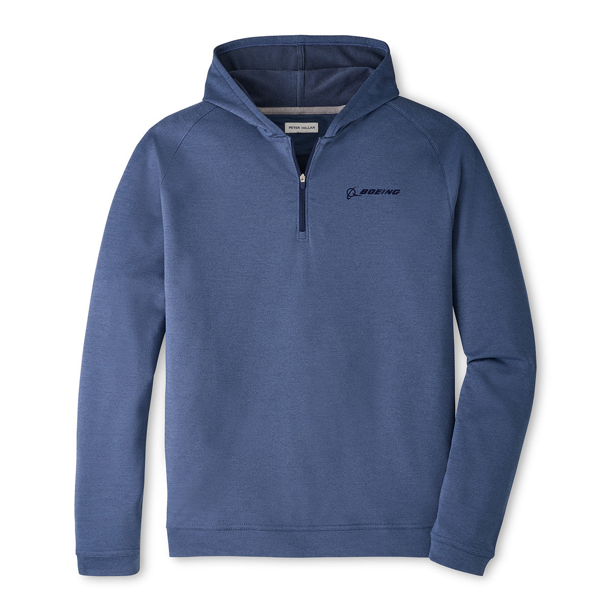 The Peter Millar Boeing Men’s Pine Quarter-Zip Performance Hoodie by BOEING is a blue, long-sleeve hoodie with a pullover design and the Boeing logo on the left chest. Crafted from smooth, moisture-wicking fabric, this hoodie is showcased against a white background.
