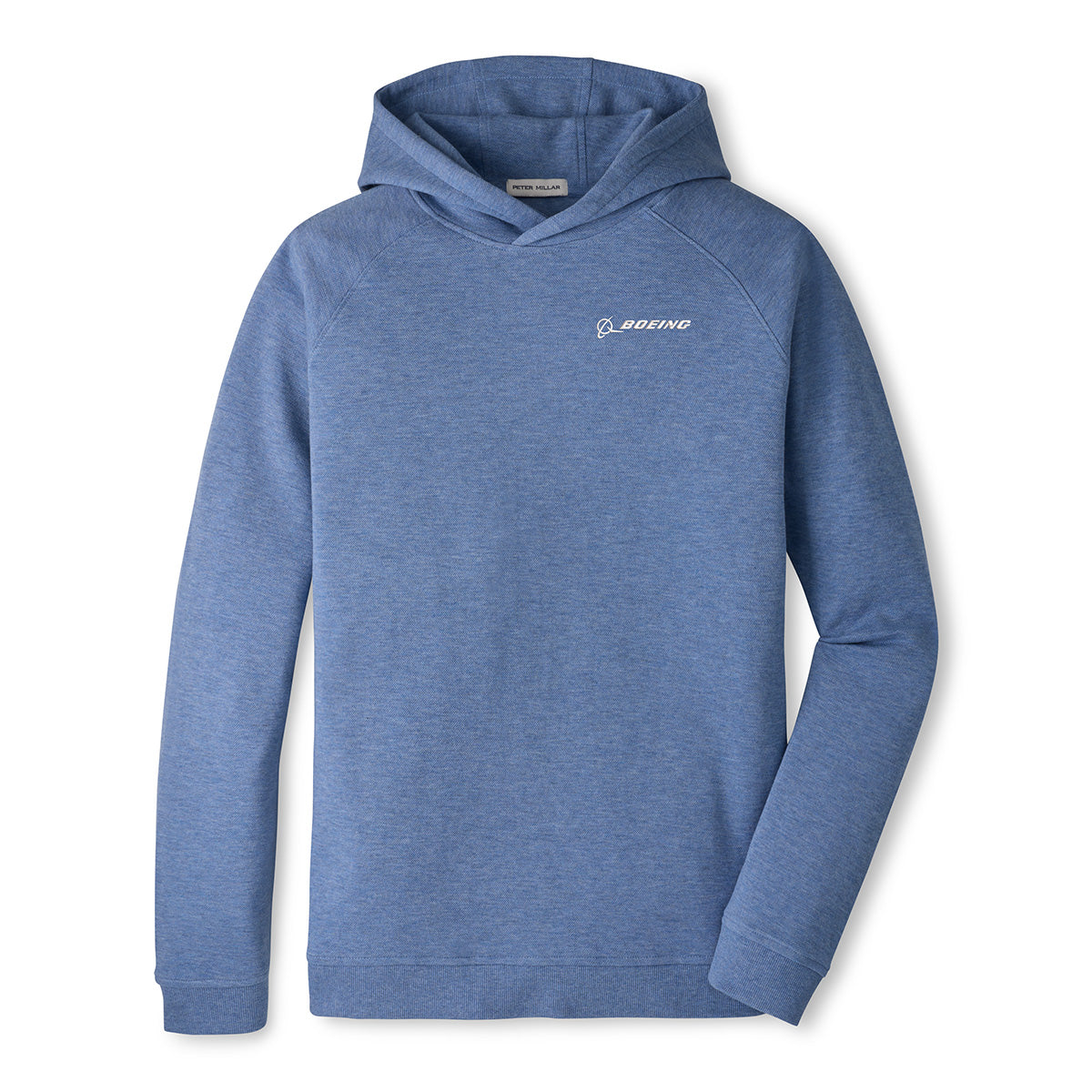 The Peter Millar Boeing Men’s Crown Comfort Knit Hoodie by BOEING is displayed laid flat on a white background. This light blue knit hoodie features long sleeves and the Boeing logo in white on the left chest.