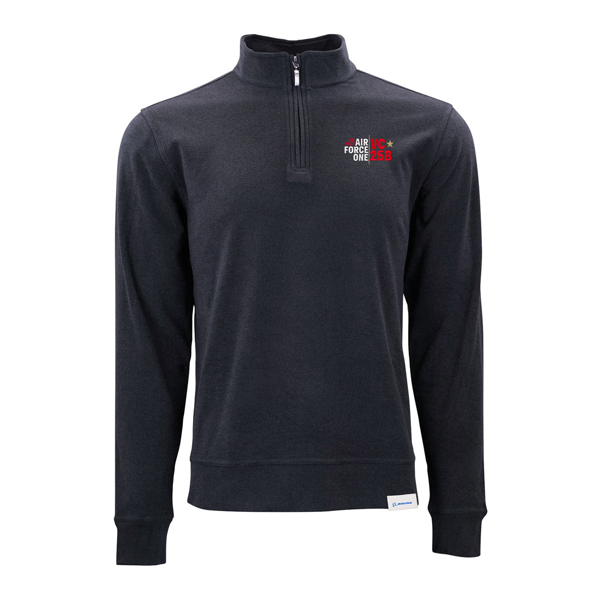 A black Boeing VC-25B Men’s Luxe Quarter-Zip pullover by BOEING, crafted with advanced materials for lightweight warmth, featuring a small, colorful embroidered logo on the left chest that reads "Air Force One Brick 258" in white, red, and black—a true sweatshirt inspired by aviation excellence.