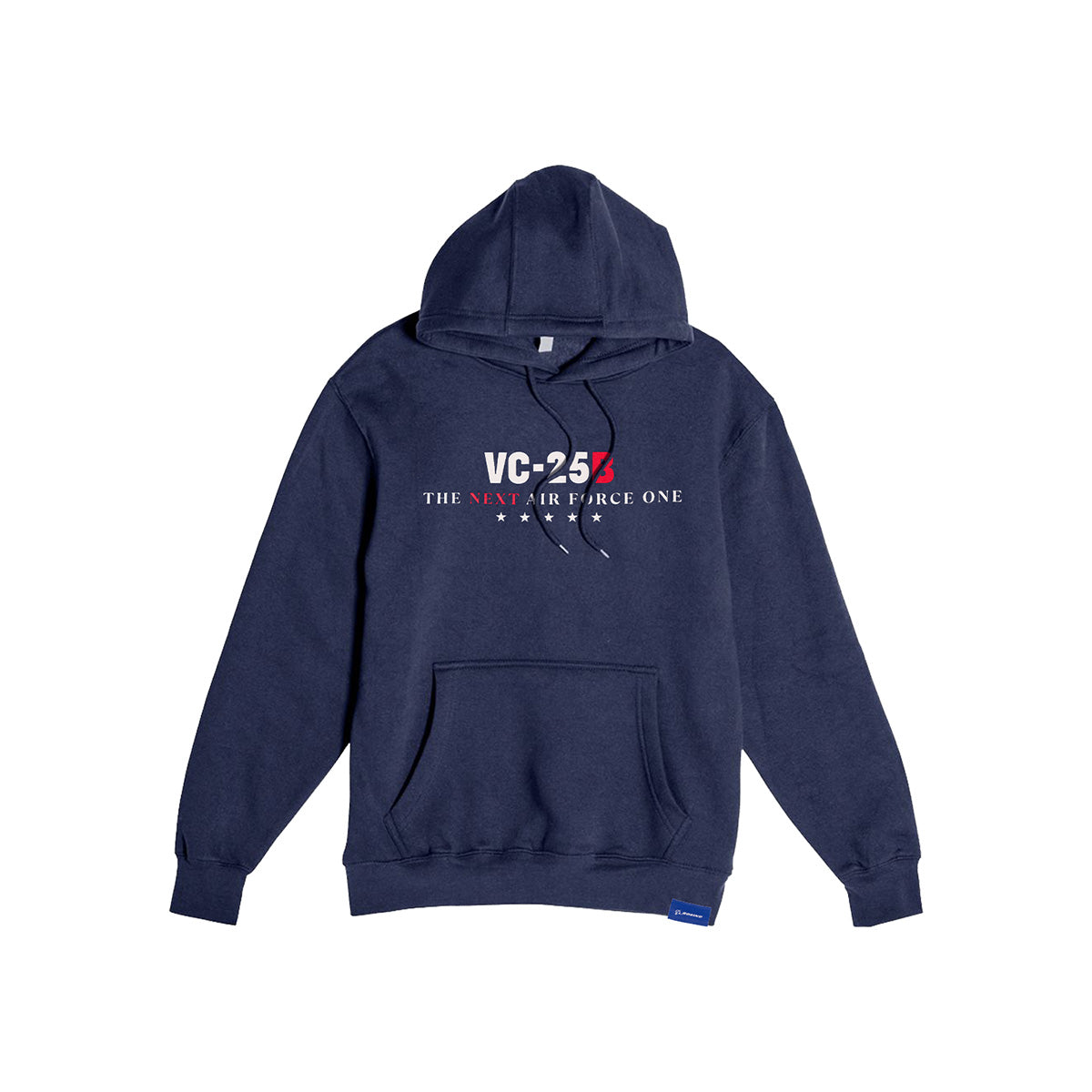 Introducing the Boeing VC-25B Unisex Hoodie by BOEING—a navy blue hoodie featuring a front pocket and hood, with "VC-25B THE NEXT AIR FORCE ONE" printed in bold white and red letters across the chest. Perfect apparel for fans of presidential transport.