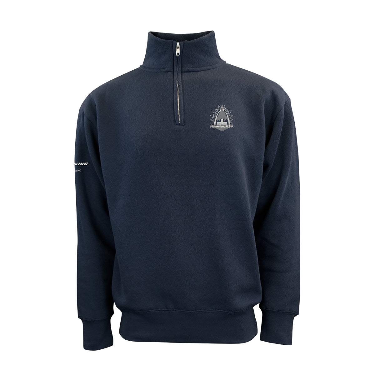 The Boeing St. Louis Fighterland Unisex Quarter-Zip by BOEING is shown in navy blue, featuring a white logo on the chest and white text on the left sleeve, displayed against a plain white background.