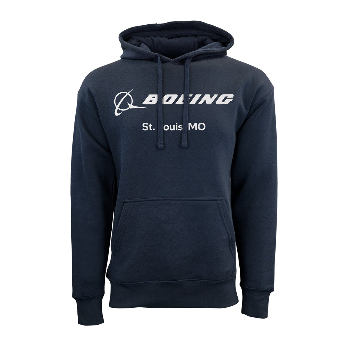 The Boeing St. Louis Fighterland Unisex Lux Hoodie by BOEING is a navy blue hoodie featuring “BOEING St. Louis MO” printed in white on the front, with a front pocket and drawstrings.