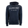 The Boeing St. Louis Fighterland Unisex Lux Hoodie by BOEING is a navy blue hoodie featuring “BOEING St. Louis MO” printed in white on the front, with a front pocket and drawstrings.