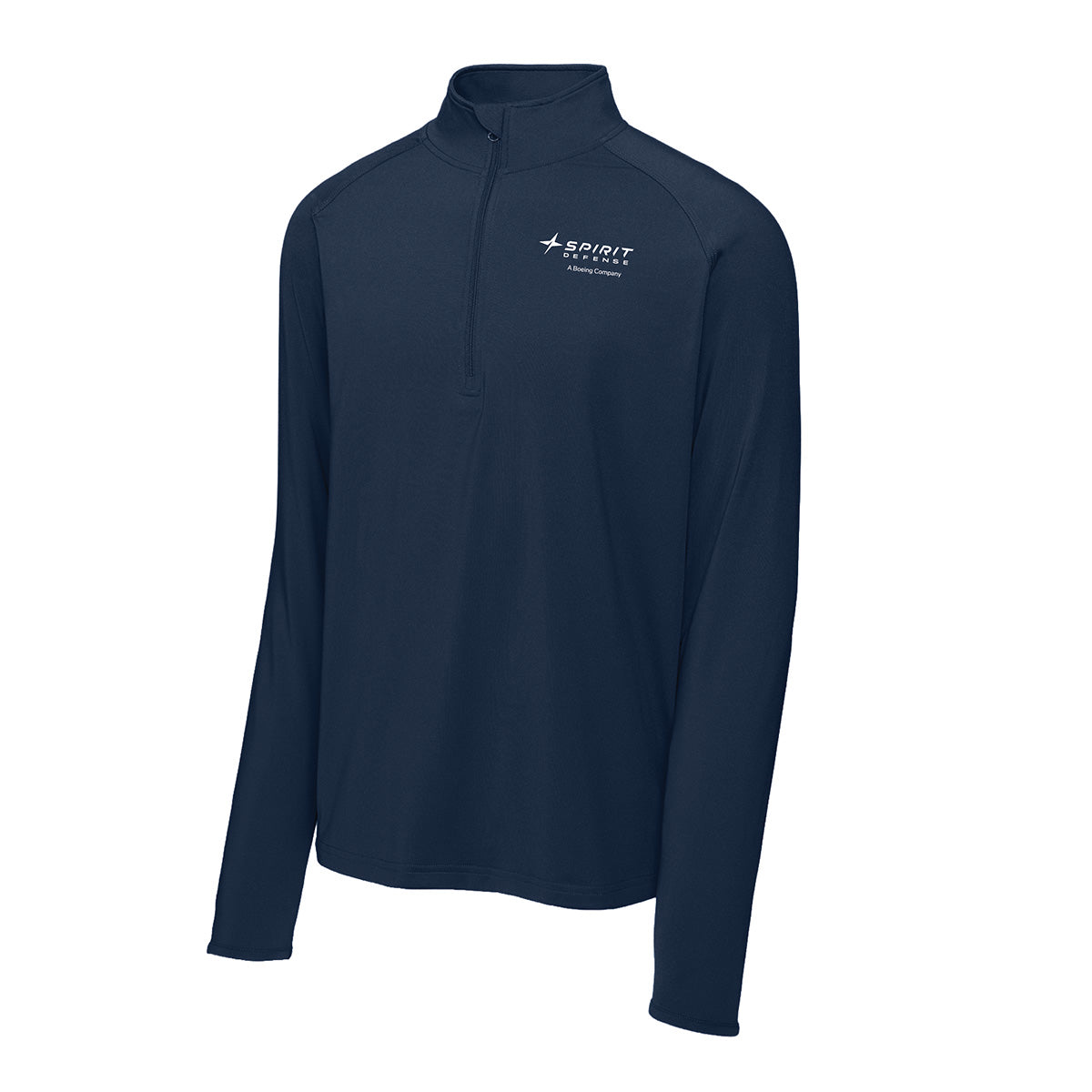 Experience comfort and style with the Boeing Spirit Defense Men’s Performance Quarter-Zip Pullover from BOEING—a navy blue long-sleeve, made from soft polyester spandex jersey and featuring a small Spirit Technology Solutions logo on the left chest—making it an ideal basics piece for your active lifestyle.