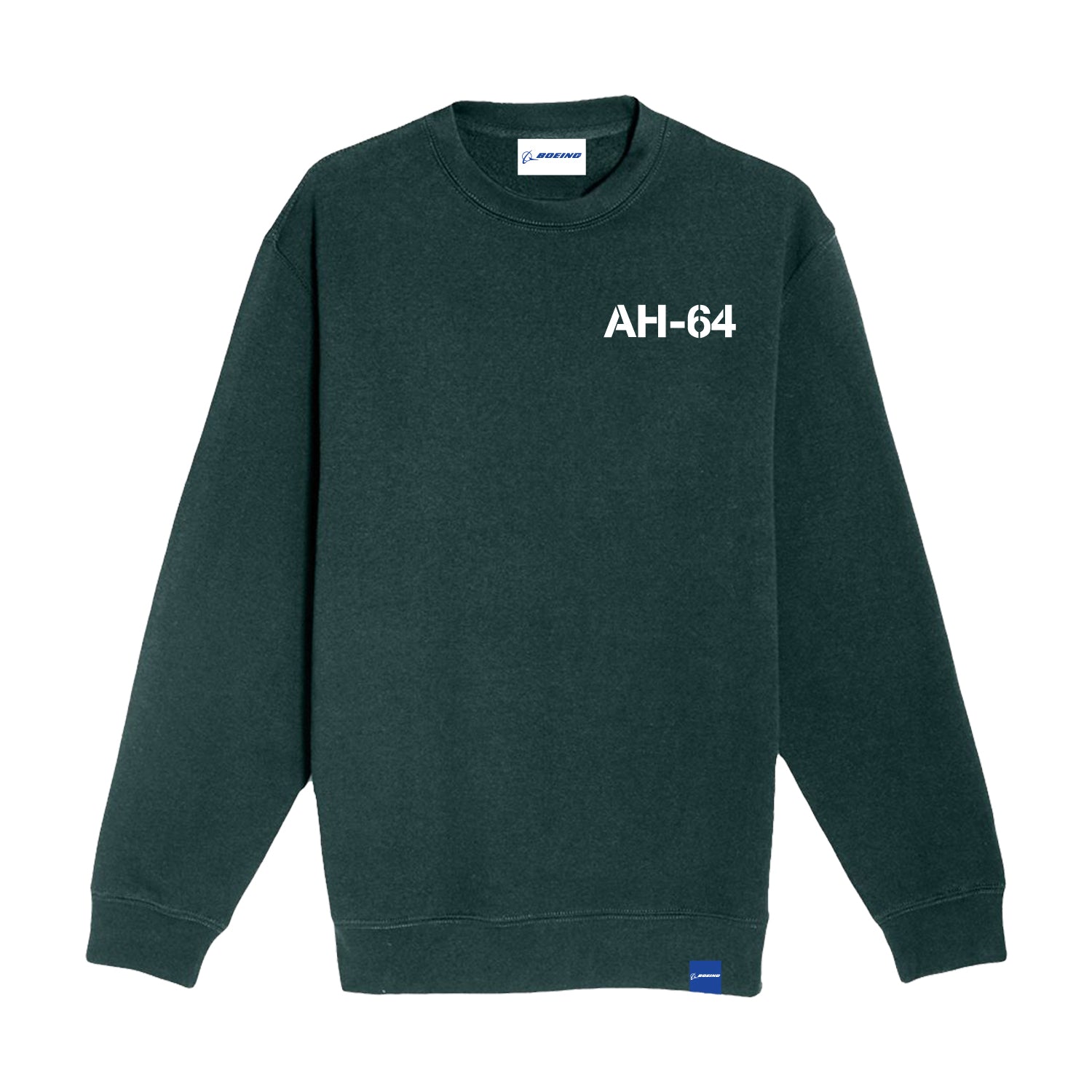 Dark green Boeing AH-64 Apache Graphic Unisex Crewneck Sweatshirt featuring a white AH-64 Apache graphic printed on the upper left chest.