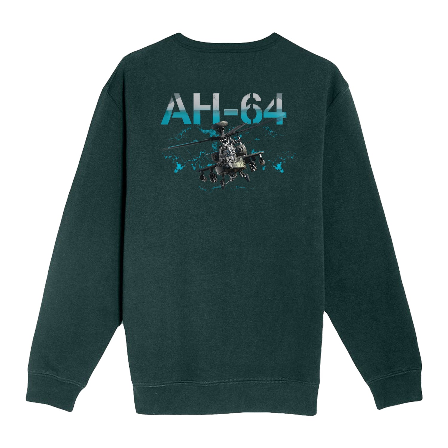 Dark green Boeing AH-64 Apache Graphic Unisex Crewneck Sweatshirt featuring a graphic of an AH-64 Apache helicopter with the text AH-64 printed in blue above it.