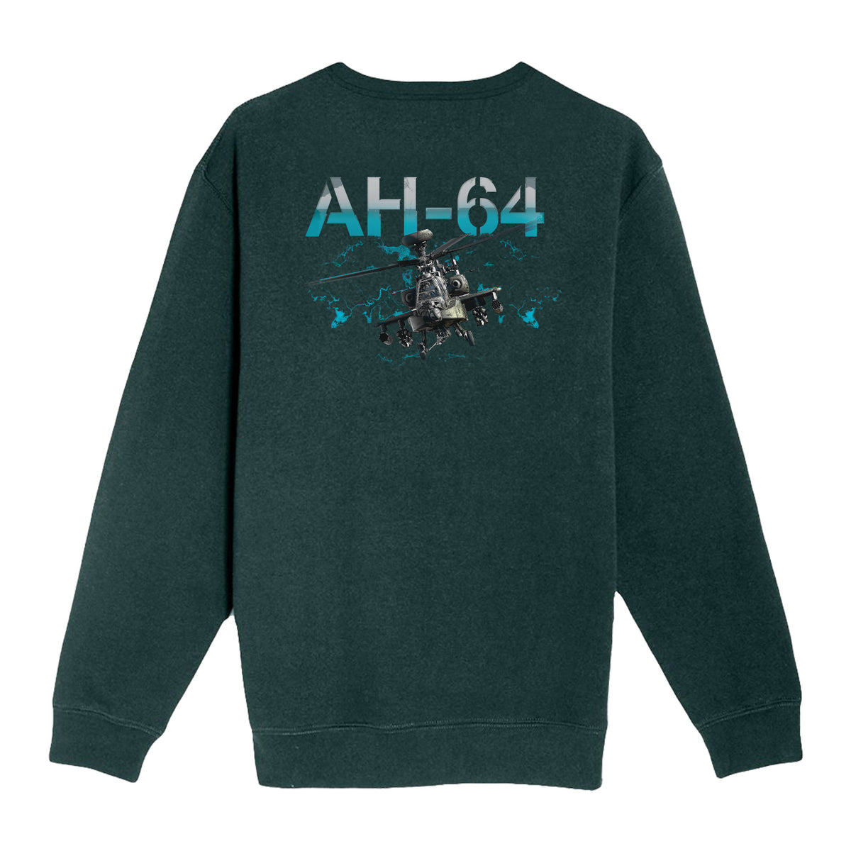 Dark green Boeing AH-64 Apache Graphic Unisex Crewneck Sweatshirt featuring a graphic of an AH-64 Apache helicopter with the text AH-64 printed in blue above it.