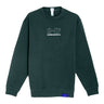 The Boeing C-17 Globemaster III Unisex Graphic Crewneck Sweatshirt by BOEING features a dark green color, white chest text, and a small blue rectangular tag—great for aviation enthusiasts.