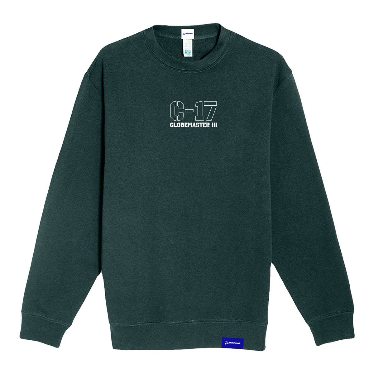 The Boeing C-17 Globemaster III Unisex Graphic Crewneck Sweatshirt by BOEING features a dark green color, white chest text, and a small blue rectangular tag—great for aviation enthusiasts.