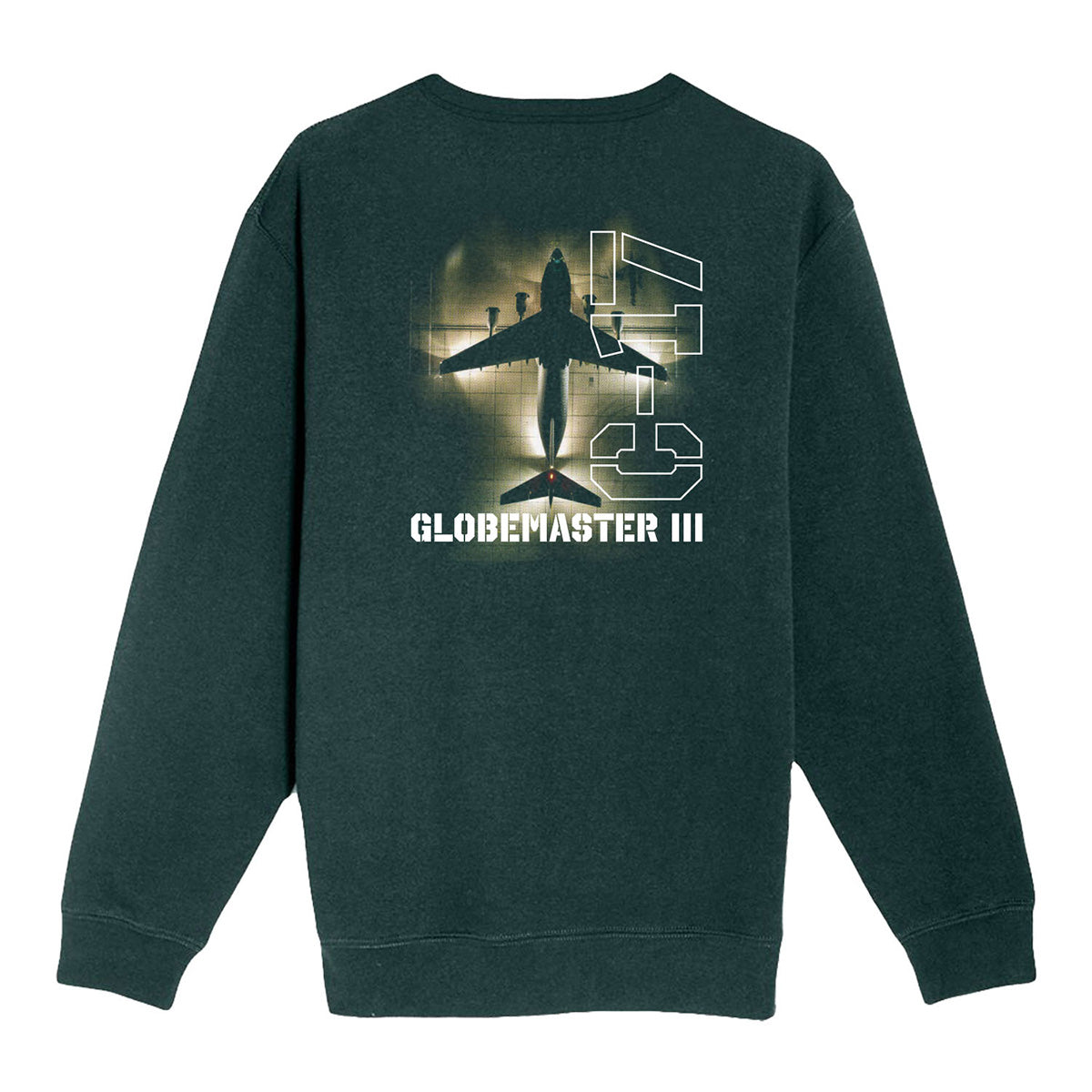 The Boeing C-17 Globemaster III Unisex Graphic Crewneck Sweatshirt by BOEING showcases a bold aircraft graphic with large C-17 lettering—perfect for aviation fans.