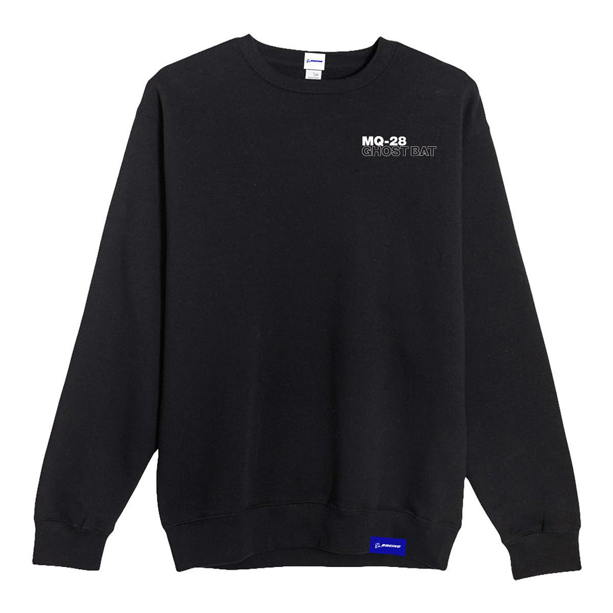 The Boeing MQ-28 Ghost Bat Unisex Graphic Crewneck Sweatshirt by BOEING is black with MQ-28 GHOST BAT in white on the left chest and a small blue Boeing logo tag near the bottom hem.