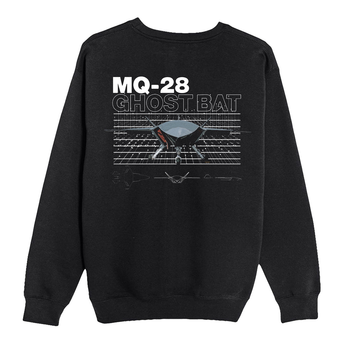The Boeing MQ-28 Ghost Bat Unisex Graphic Crewneck Sweatshirt by BOEING features MQ-28 GHOST BAT text above a drone graphic and side/top outline views of the Boeing MQ-28 Ghost Bat on a grid background.