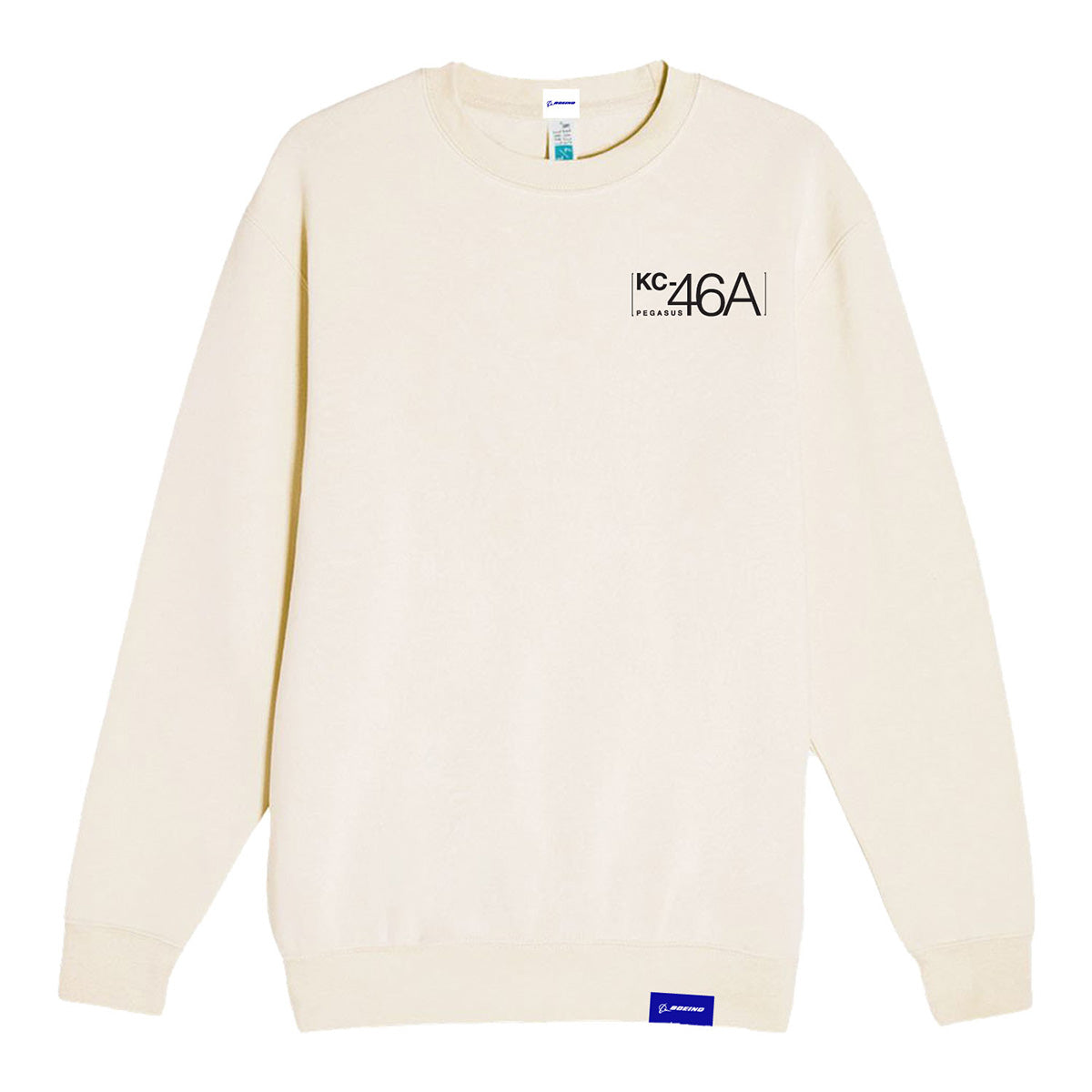 The Boeing KC-46 Pegasus Unisex Graphic Crewneck Sweatshirt by BOEING features cream fabric, small black KC-46A and Boeing text on the left chest, and a blue Boeing logo tag on the lower hem.