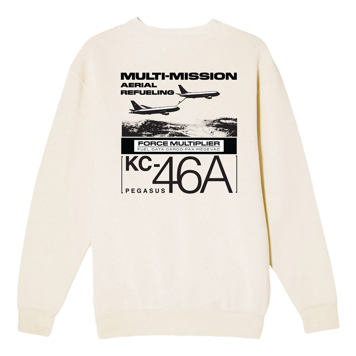 The Boeing KC-46 Pegasus Unisex Graphic Crewneck Sweatshirt by BOEING features two airplanes, bold aviation-themed text, and a stylized sky background—ideal for flight enthusiasts.