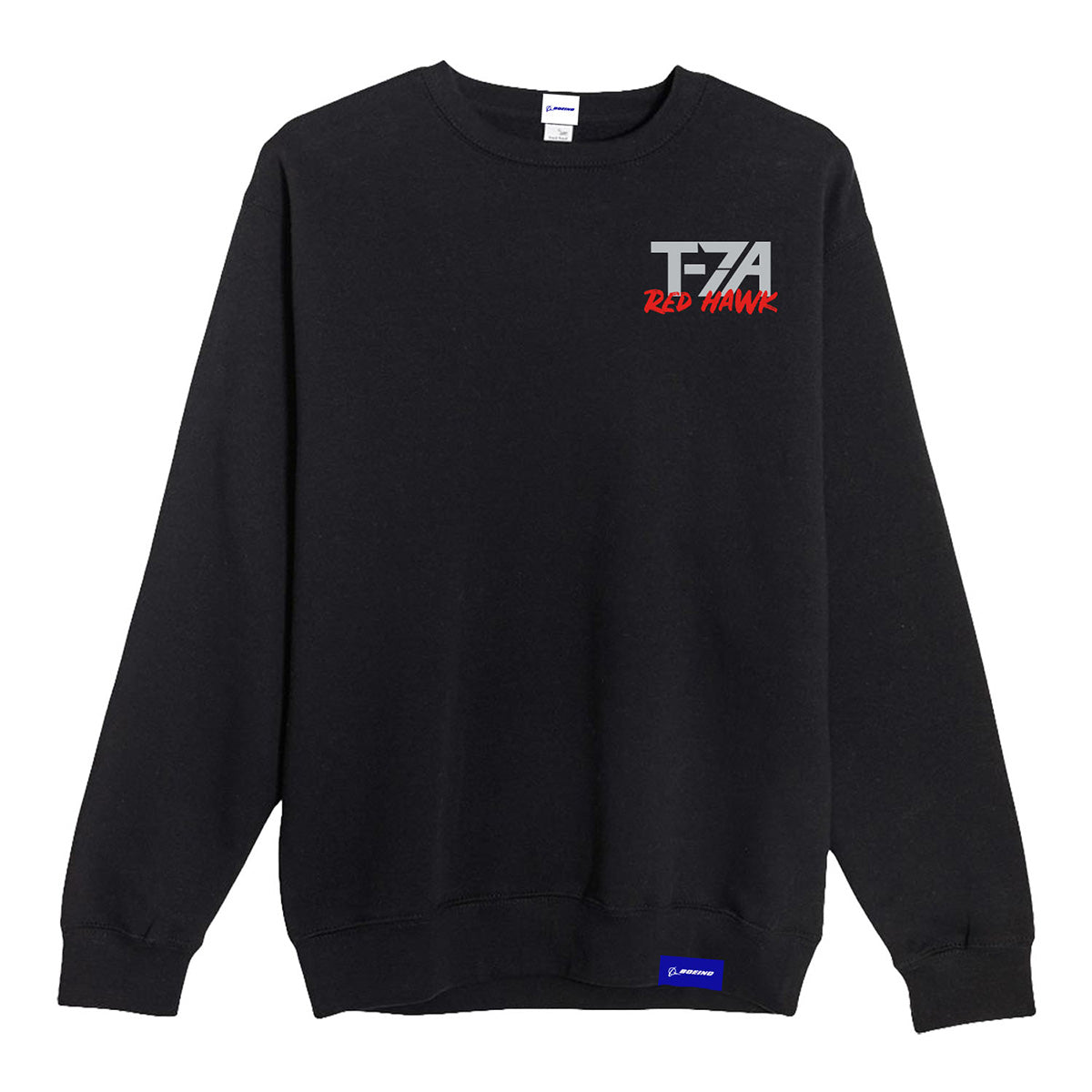 The Boeing T-7A Red Hawk Unisex Graphic Crewneck Sweatshirt by BOEING features gray and red T-7A RED HAWK graphics on the left chest and a small blue Boeing tag stitched at the hem.